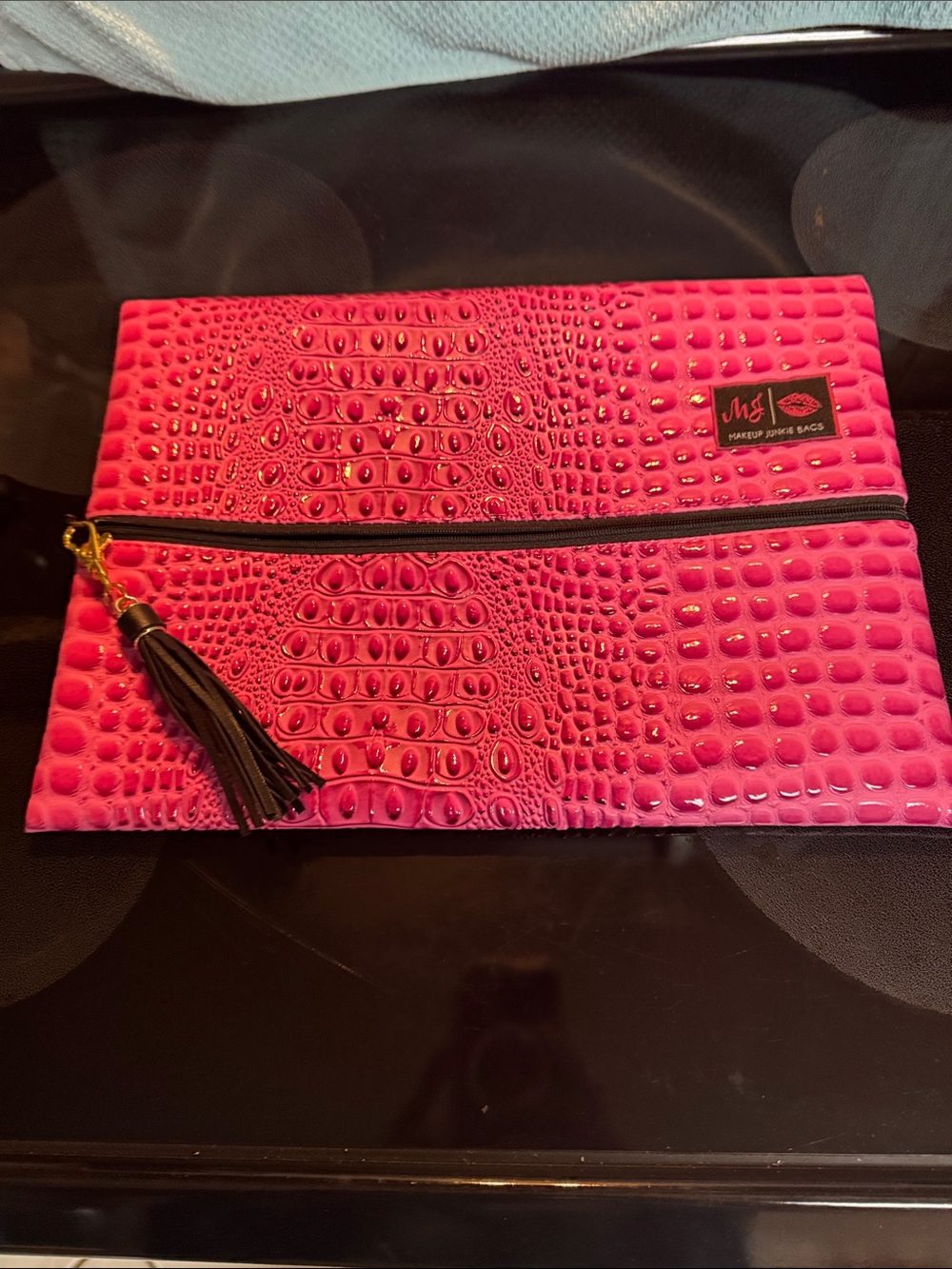 Pink Croc-Embossed Clutch with Tassel